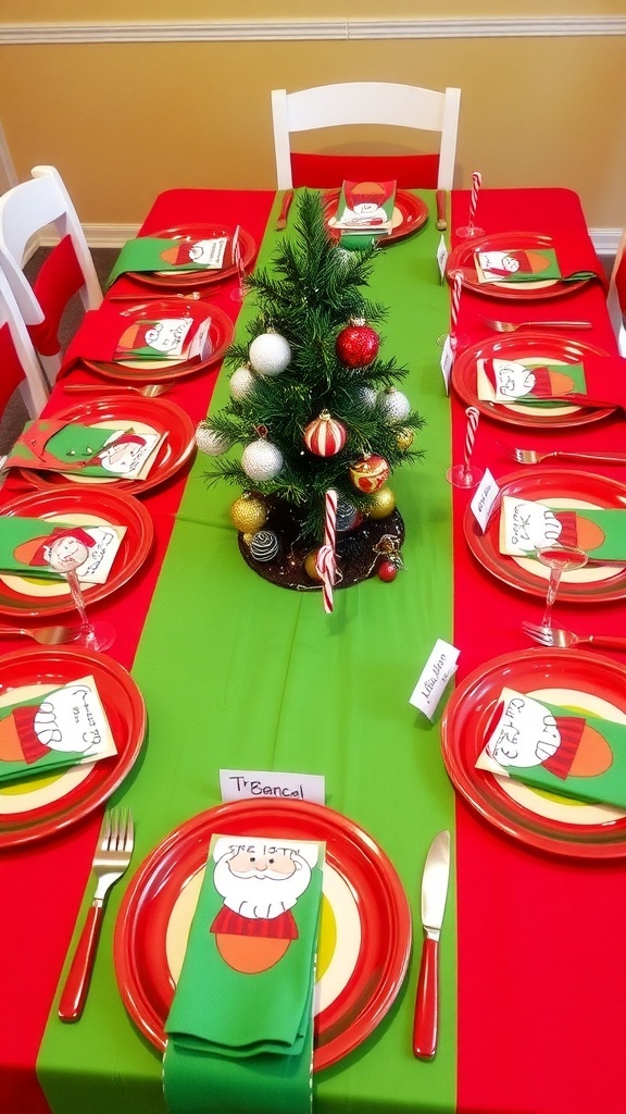 A colorful Christmas table setting for kids with festive decorations, playful dinnerware, and a cheerful centerpiece.